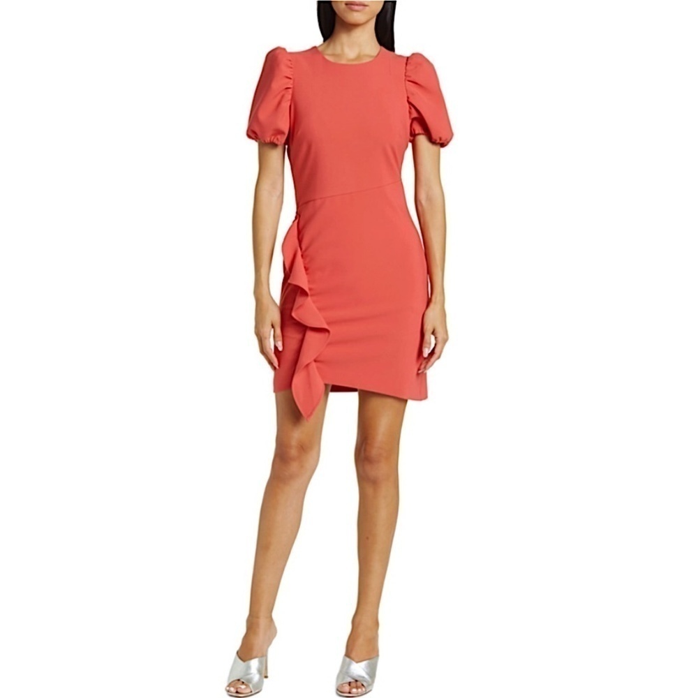 LIKELY Malta Puff Sleeve Cascade Ruffle Front Sheath Dress - Picture 2 of 10